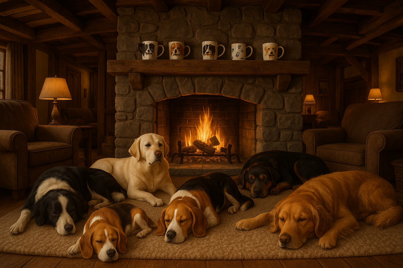 Das Bild soll mehrere Hunde zeigen, die in einem rustikalen Wohnzimmer vor einem Kamin liegen. In dem Kamin brennt ein Feuer und auf dem kamin stehen mehrere Kaffeebecher mit Hundemotiven.